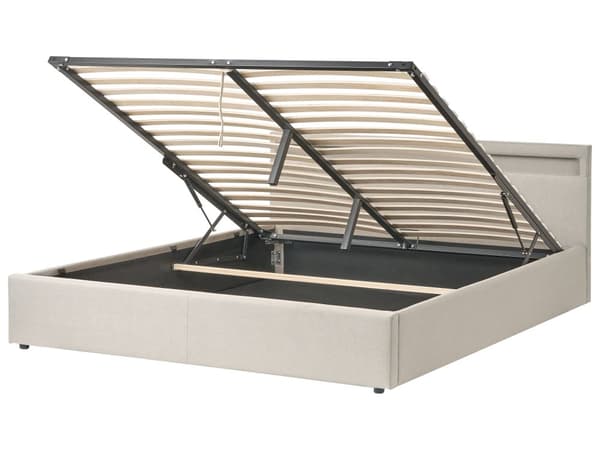 Dobbeltseng Beige Stoff 180 x 200 cm Flerfarget LED-lys Oppbevaringsrom Sengegavl Lamellbunn Sengeramme Soverom