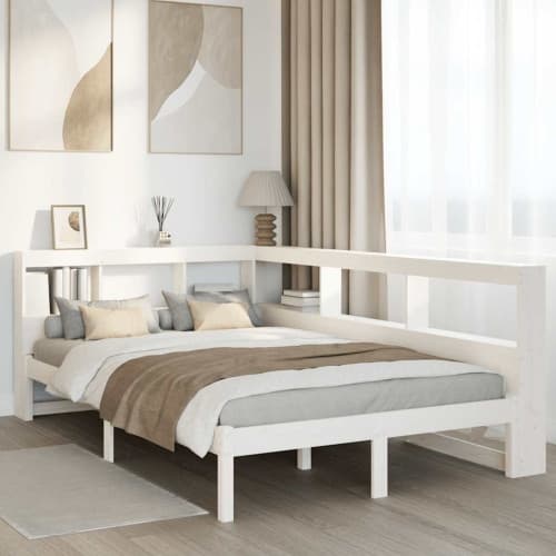 Säng med bokhylla utan madrass vit 120x200 cm massiv furu