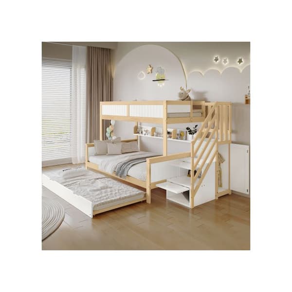 Sängöversäng, furu + MDF, vit + naturlig, 90x200 &amp; 90x190 &amp; 120*200 cm