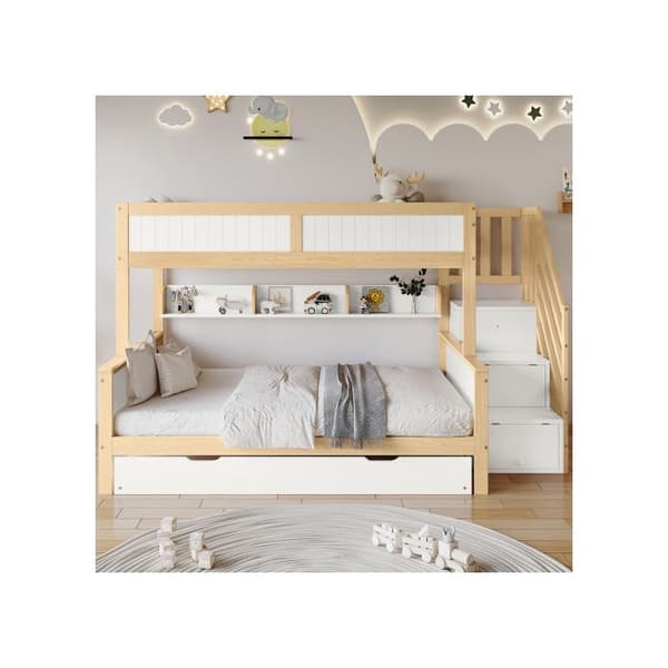 Sängöversäng, furu + MDF, vit + naturlig, 90x200 &amp; 90x190 &amp; 120*200 cm