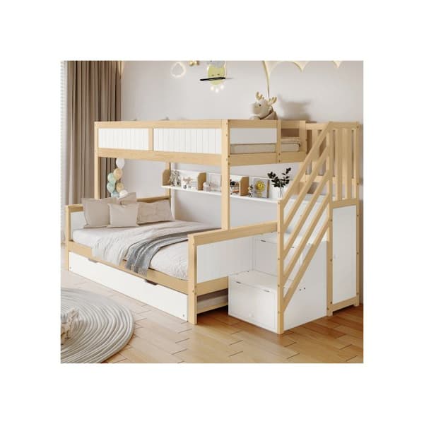 Sängöversäng, furu + MDF, vit + naturlig, 90x200 &amp; 90x190 &amp; 120*200 cm