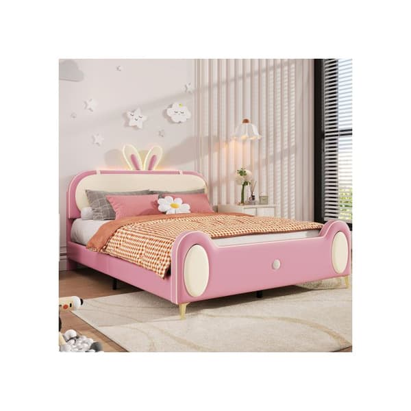 Lits med stoppning, Kontinental säng med träribbor, LED-bälte, MDF + mjukt skum + PU-läder, Beige + Rosa, 140x200cm
