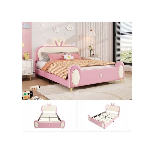 Lits med stoppning, Kontinental säng med träribbor, LED-bälte, MDF + mjukt skum + PU-läder, Beige + Rosa, 140x200cm
