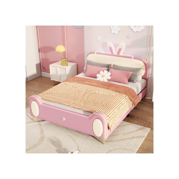 Lits med stoppning, Kontinental säng med träribbor, LED-bälte, MDF + mjukt skum + PU-läder, Beige + Rosa, 140x200cm