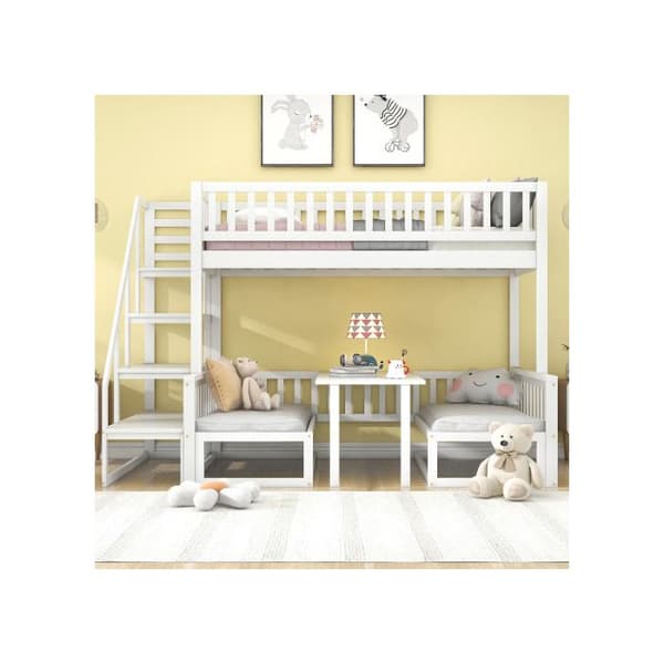 Smal säng med stapelbar design och trappa, med justerbart bord, med träsoffa, robust ram i furu, vit.