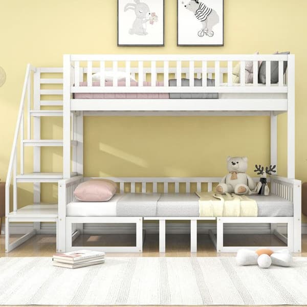 Smal säng med stapelbar design och trappa, med justerbart bord, med träsoffa, robust ram i furu, vit.