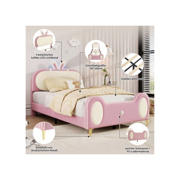 Säng med stoppning, LED-lampa, inklusive ram av massivt trä och järnrör, MDF + mjukt skum + PU-läder, beige + rosa, 90x200cm