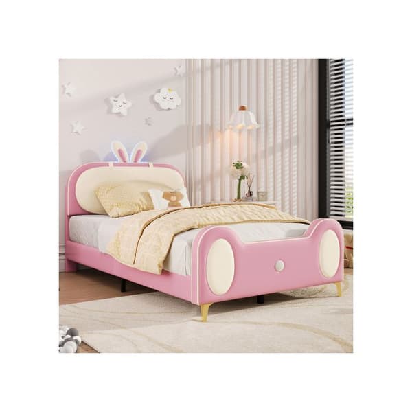 Säng med stoppning, LED-lampa, inklusive ram av massivt trä och järnrör, MDF + mjukt skum + PU-läder, beige + rosa, 90x200cm