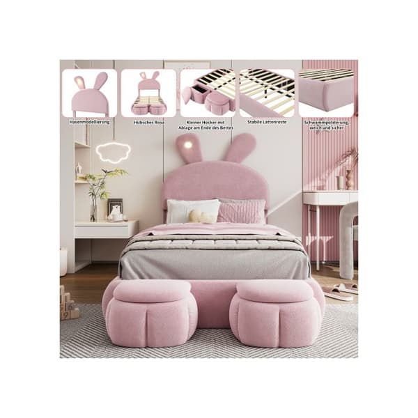 Futon, inbäddad, enkel, kaninöron, varm färgbanding med justerbar ljusstyrka, sammet, rosa, 90x200 cm