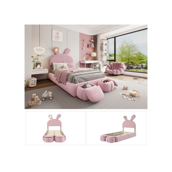 Futon, inbäddad, enkel, kaninöron, varm färgbanding med justerbar ljusstyrka, sammet, rosa, 90x200 cm