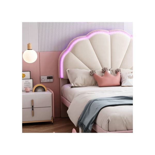 Litsäng med LED-lampor, vågig huvudgavel med rundade stoppade ben, beige + rosa, 90 x 200 cm