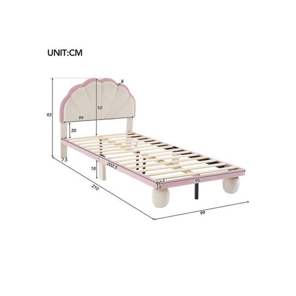 Litsäng med LED-lampor, vågig huvudgavel med rundade stoppade ben, beige + rosa, 90 x 200 cm