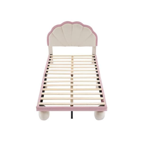 Litsäng med LED-lampor, vågig huvudgavel med rundade stoppade ben, beige + rosa, 90 x 200 cm