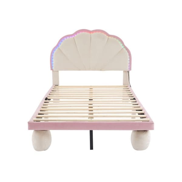 Litsäng med LED-lampor, vågig huvudgavel med rundade stoppade ben, beige + rosa, 90 x 200 cm