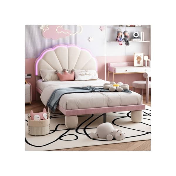 Litsäng med LED-lampor, vågig huvudgavel med rundade stoppade ben, beige + rosa, 90 x 200 cm