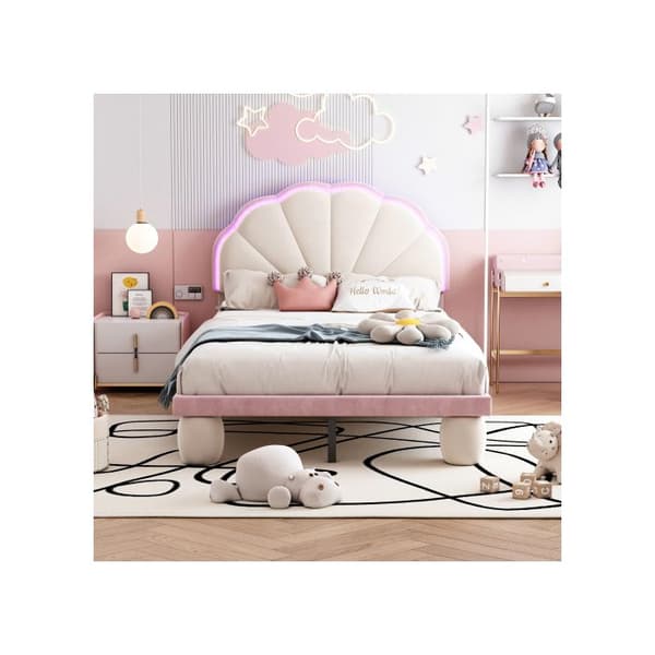 Litsäng med LED-lampor, vågig huvudgavel med rundade stoppade ben, beige + rosa, 90 x 200 cm