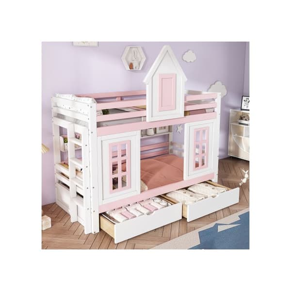 Köpesäng, Två lådor på hjul, Öppna hyllor, Extra förvaringsutrymme, Tall + MDF, Vit + Rosa