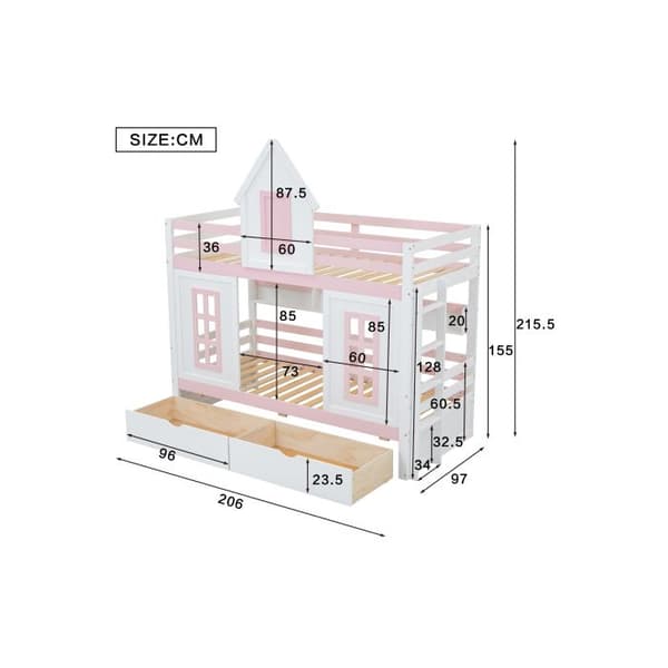 Köpesäng, Två lådor på hjul, Öppna hyllor, Extra förvaringsutrymme, Tall + MDF, Vit + Rosa