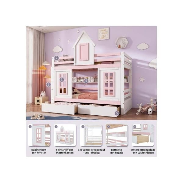 Köpesäng, Två lådor på hjul, Öppna hyllor, Extra förvaringsutrymme, Tall + MDF, Vit + Rosa