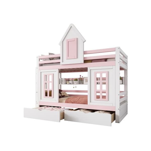 Köpesäng, Två lådor på hjul, Öppna hyllor, Extra förvaringsutrymme, Tall + MDF, Vit + Rosa