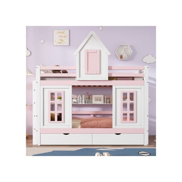 Köpesäng, Två lådor på hjul, Öppna hyllor, Extra förvaringsutrymme, Tall + MDF, Vit + Rosa