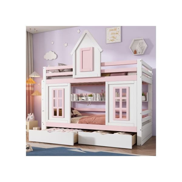 Köpesäng, Två lådor på hjul, Öppna hyllor, Extra förvaringsutrymme, Tall + MDF, Vit + Rosa