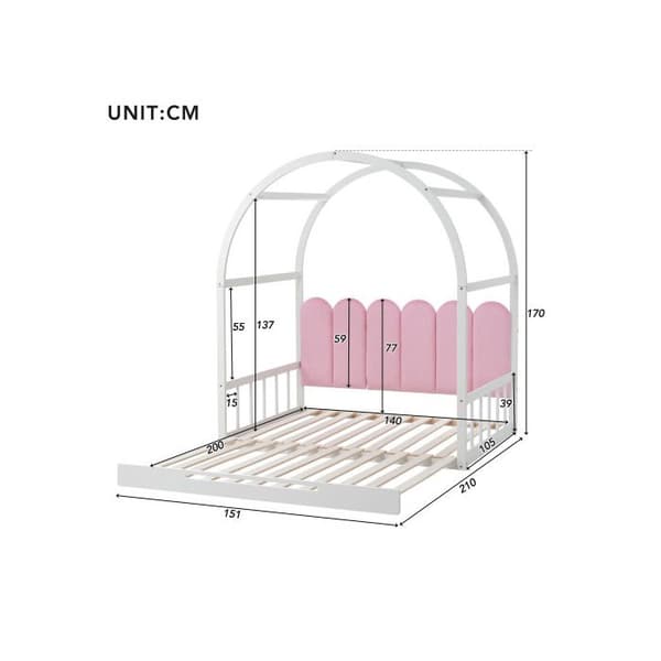 Utbyggbar valvbädd, säng som kan fällas upp, sammetkudde, vit + rosa (140x100cm & 140x200cm), vit frottémadrass