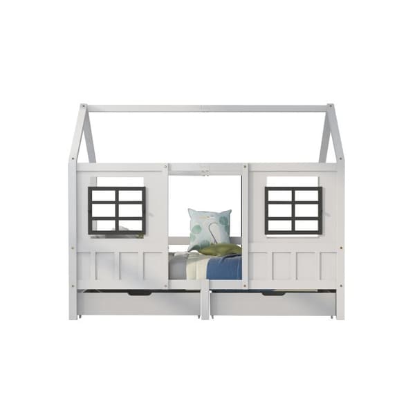 Bäddsoffa med 2 lådor, enkel säng, dagbädd, barnsäng med 2 fönster, ram i furu, MDF, vit (200x90cm)