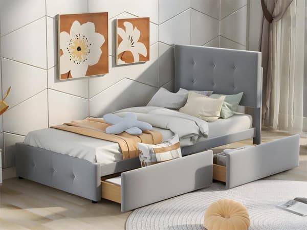Ryggstöd och två lådor, hudvänligt sammetstyg Beige flat enkelsäng Barnsäng Ungdomssäng Gästsäng