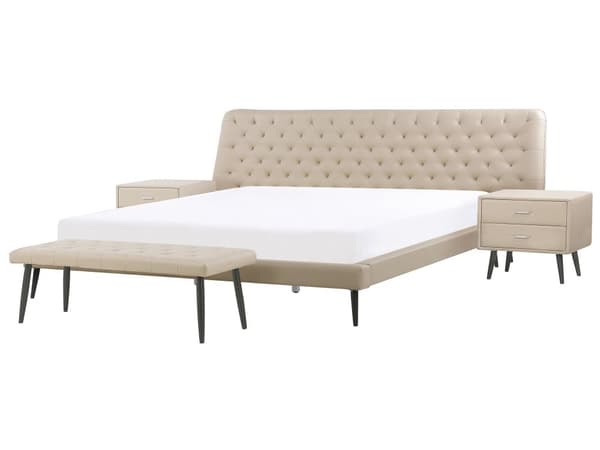 Makuuhuoneen setti beige keinonahka verhoilu 180 x 200 cm 4 osaa sänky kaksi yöpöytää moderni tyyli