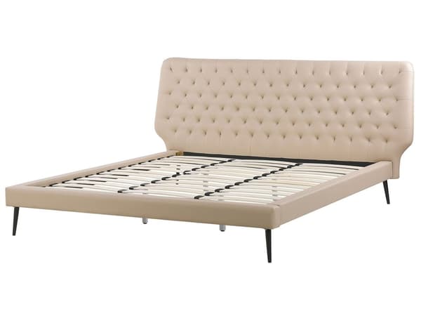 Dobbeltseng Beige Kunstlæder 180 x 200 cm Moderne Seng med Sengebænk og Natborde Soveværelsesmøbler Komplet Sæt