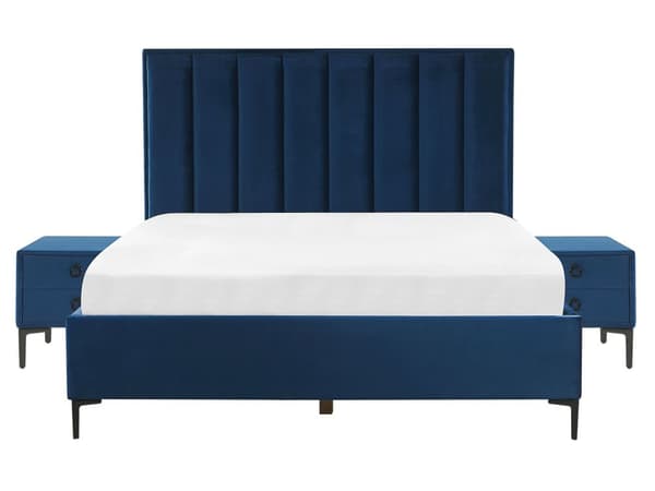 Sänky ja yöpöydät sininen sametti kangas 160 x 200 cm metallijalat nostettava säilytystila