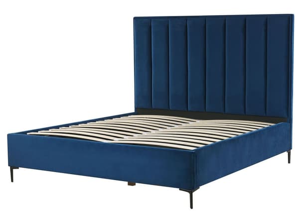 Sänky ja yöpöydät sininen sametti kangas 160 x 200 cm metallijalat nostettava säilytystila