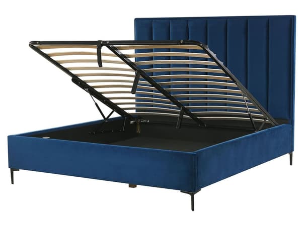 Sänky ja yöpöydät sininen sametti kangas 160 x 200 cm metallijalat nostettava säilytystila