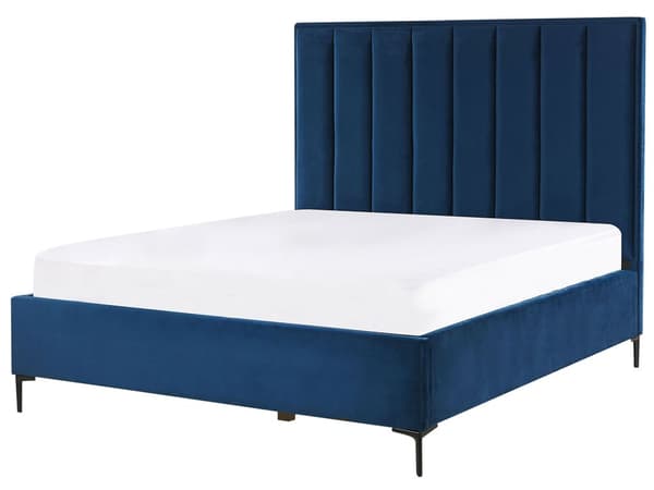 Sänky ja yöpöydät sininen sametti kangas 140 x 200 cm metallijalat nostettava säilytystila