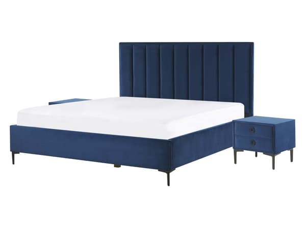 Sänky ja yöpöydät sininen sametti kangas 140 x 200 cm metallijalat nostettava säilytystila