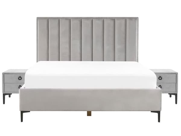 Sänky ja yöpöydät vaaleanharmaa sametti kangas 180 x 200 cm metallijalat nostettava säilytystila