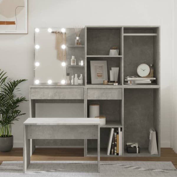 vidaXL Sminkbord LED betonggrå konstruerat trä