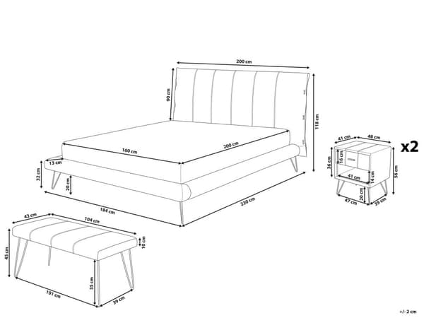Soveromssett Hvit 160 x 200 cm Seng 2 Nattbord Sengebenk Moderne sengegavl