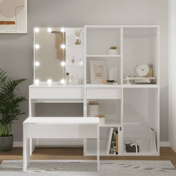vidaXL makeupbordssæt med LED-lys konstrueret træ hvid højglans