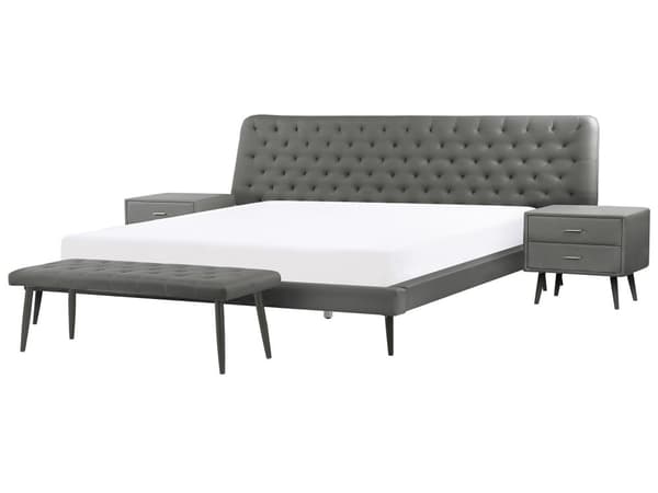 Soveromssett Grå Kunstskinn Seng 180 x 200 cm Sengebenk 2 Nattbord Dekorativ Sengegavl Moderne