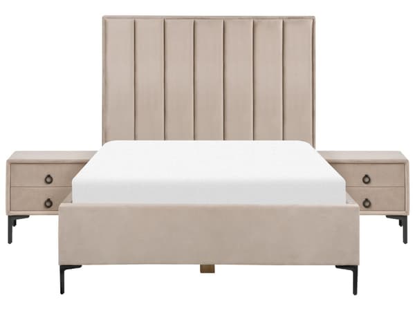 Sänky ja yöpöydät ruskeanharmaa sametti kangas 140 x 200 cm metallijalat nostettava säilytystila
