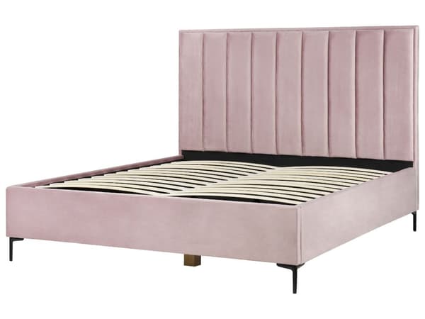 Seng Lyserød Velour 180 x 200 cm Moderne To Mands Seng med Opbevaring Blød Sengegavl Dobbeltseng med Natborde Sengeramme Retro Design