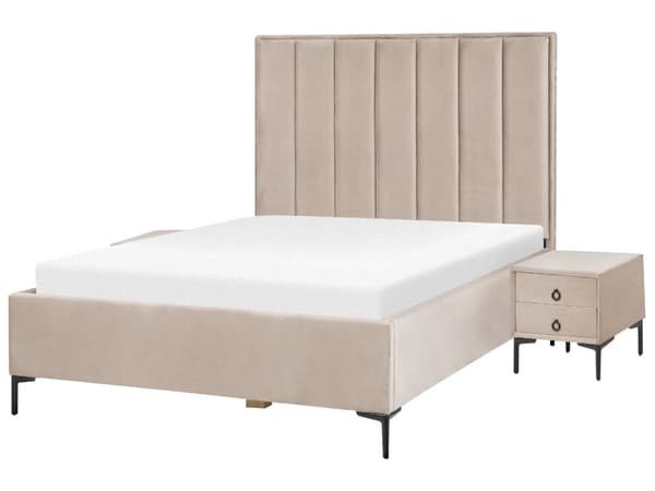 Seng Taupe Velour 140 x 200 cm Moderne Trekvart Seng med Opbevaring Blød Sengegavl Halvandenmands 3 kvart Seng med Natborde Design Soveværelse