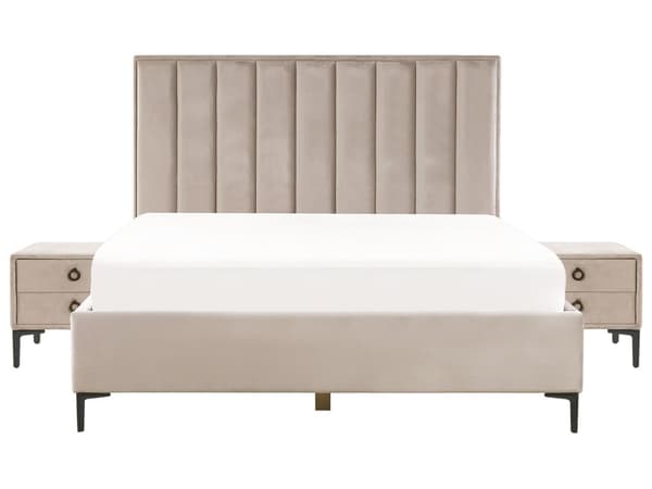 Soveromssett Taupe Fløyel 180 x 200 cm Seng med oppbevaring 2 nattbord med skuffer