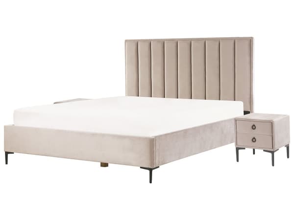 Soveromssett Taupe Fløyel 180 x 200 cm Seng med oppbevaring 2 nattbord med skuffer