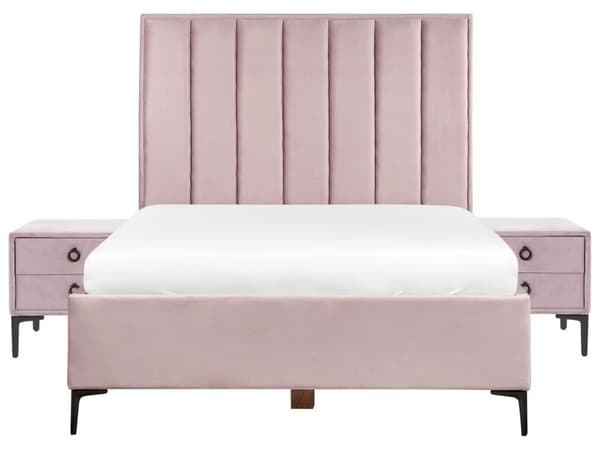 Soveromssett Rosa Fløyel 140 x 200 cm Seng med oppbevaring 2 nattbord med skuffer