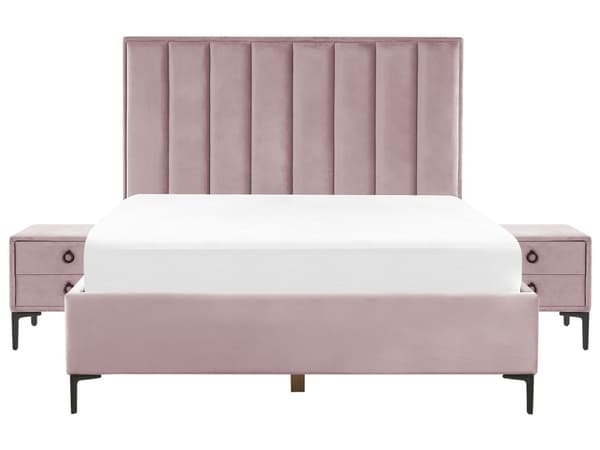 Soveværelsessæt Pink Velvet 160 x 200 cm Seng med opbevaring 2 natborde med skuffer
