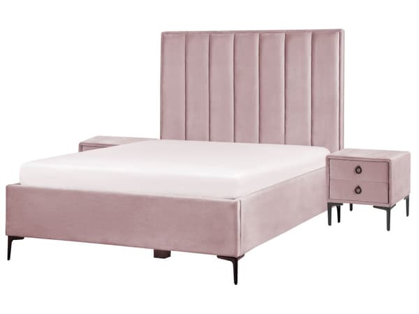 Soveværelsessæt Lyserød Velour 140 x 200 cm Seng med opbevaring 2 natborde med skuffer
