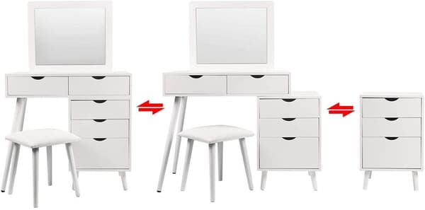 Rootz kosmetisk sminkebordssæt med skammel - Vanity Desk - Makeup Station - Rigelig opbevaring, alsidigt design, indbygget stort spejl - MDF og glas -
